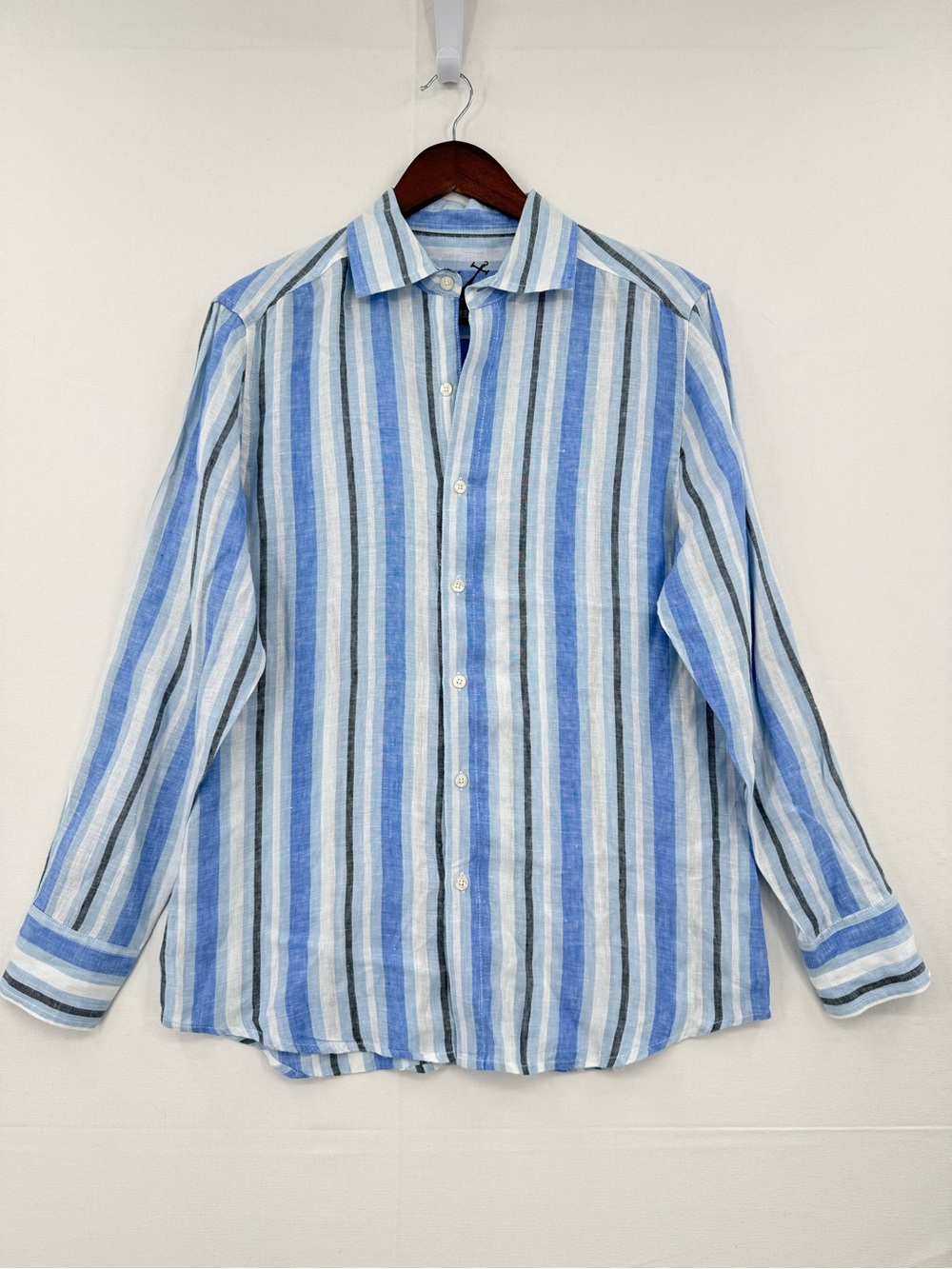 HIHO Men’s Medium 100% Linen Blue Striped Button Up Shirt Long Sleeve